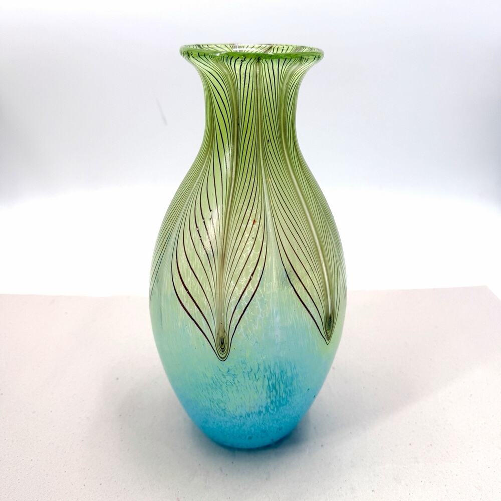 Boho Blue Green Pulled Feather Murano Style Art Glass Vase Hand Blown 12.75"